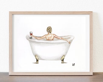 Self Care - Original Ink/Watercolor Art Print - Wall Decor - Bathroom Decor - Feminist Art - Blonde - Self Love - Vintage Bathtub