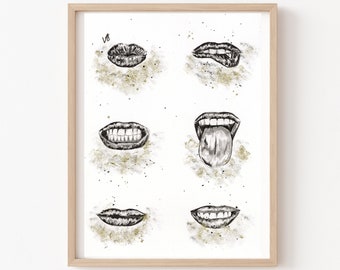 Expressions - Original Ink/Watercolor Art Print - Dorm Decor - Lip Art Print - Black White Gold Art Print - Lips - Minimalist Art Print