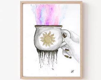 Smokey Cup of Tea - Original Ink/Watercolor Print - Kitchen Art - Home Decor - Colorful Art - Surrealism - Trippy Art Print - Sun Art Print