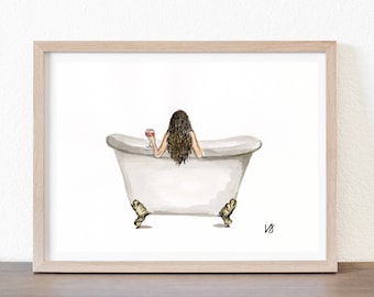 Self Care 2 - Original Ink/Watercolor Art Print - Wall Decor - Curly Hair - Brunette - Bathroom Decor - Art Print - Feminist Art