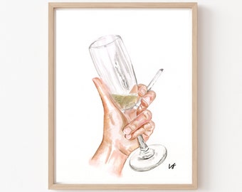 Night Cap - Original Ink/Watercolor Art Print - Champagne Art - Cigarette Art Print - Party - Celebration Art