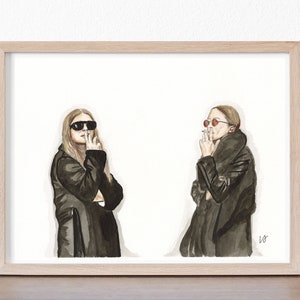 Las gemelas Olsen fumando - Impresión artística original en tinta y acuarela - Impresión artística de Mary-Kate y Ashley Olsen - Elegante - Cigarrillo - Impresión artística de las gemelas Olsen