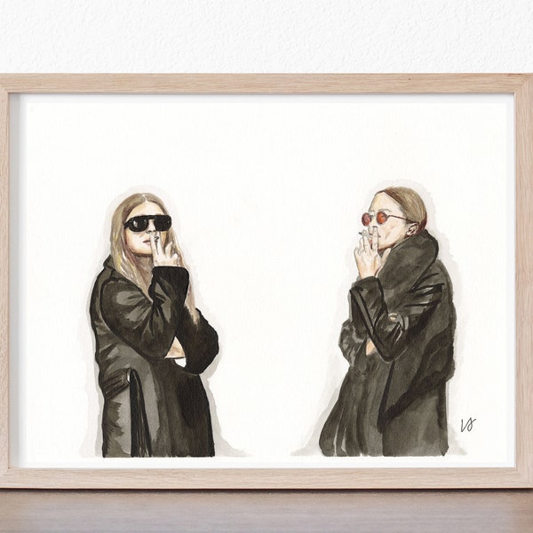 Olsen Twins Smoking - Original Ink/Watercolor Art Print - Mary-Kate and Ashley Olsen Art Print - Chic - Cigarette - Olsen Twins Art Print