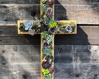 Cross vertical succulent garden arrangement:living wall/diy kits/memorial/ succulent planter/faux planter