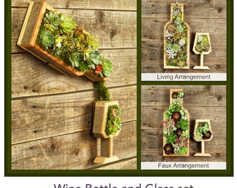 Wine Bottle /Glass Vertical Succulent Garden Arrangement: living wall/ succulent wall planter/ faux succulent planter/ diy kits/ wine decor