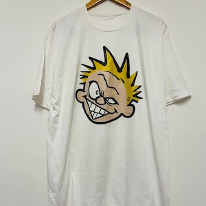 Vintage 90s Calvin And Hobbes T-Shirt / Comic Strip / Cartoons / Animation Series / Streetwear / White / XL