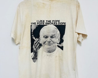 Camiseta vintage de los 80 con huellas de manos de Pope Smoke Dope / Rara / Ropa urbana / Blanca / L