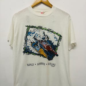 Vintage 80s Beer Surf Graphics Clothing T-Shirt / Surfing / Souvenir / Cotton Poly / Quotes / Streetwear / White / L
