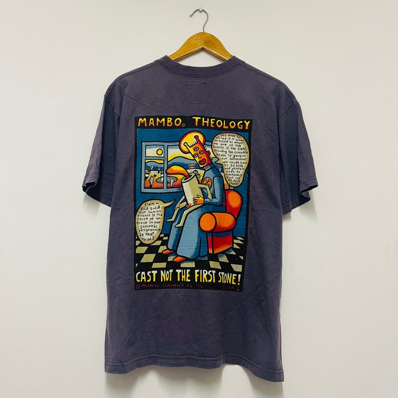 Vintage 90s Mambo Graphics Reg. Mombassa 1994 Theology Artworks T-Shirt / Streetwear / Popart / Purple / M image 1