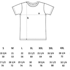 May include: A white t-shirt with a crew neck, featuring size measurements in inches and centimeters. The diagram shows dimensions labeled 'a' and 'b' for various sizes, from XS to 5XL.