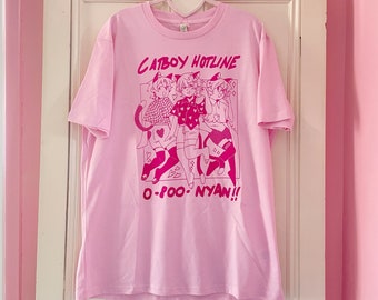 Catboy Hotline Screenprinted Pink Tshirt, Catboy Clothing, Cute Tshirt, Kawaii Fashion, Alternative Clothing