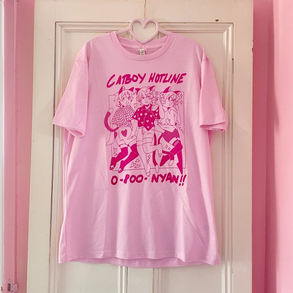 Catboy Hotline Screenprinted Pink Tshirt, Catboy Clothing, Cute Tshirt, Kawaii Fashion, Alternative Clothing