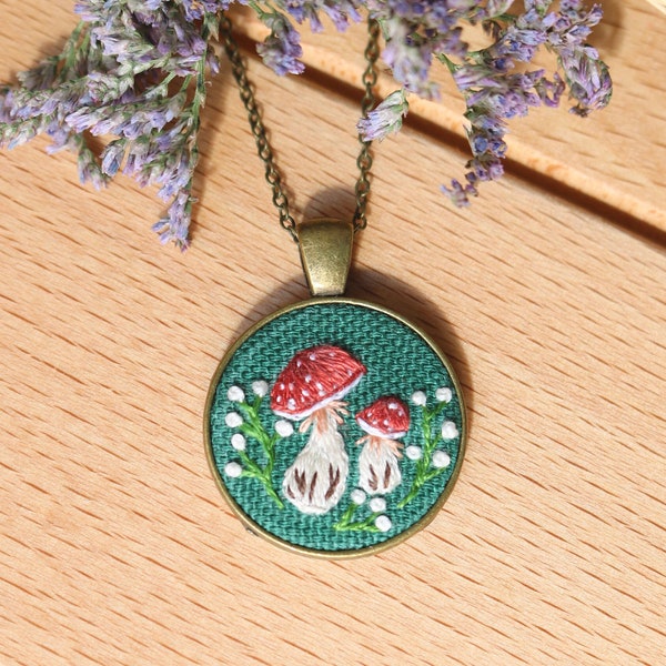 Mushroom Necklace, Metal Pendant and Embroidered Mushrooms, Red Mushrooms, Hoop Necklace Hand Embroidered, Tiny Embroidery, Mushroom Jewelry