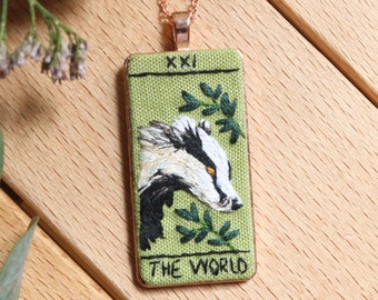 The World Tarot Card Necklace, Tarot Pendant Necklace, Esoteric Embroidered Jewelry, Badger Embroidery Art, Handmade Embroidery Gift