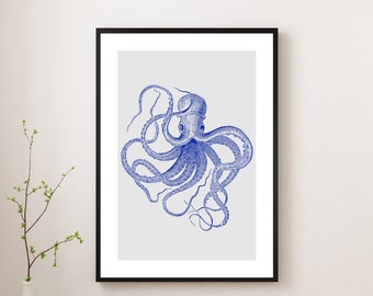 Octopus Print, Beach Decor - Blue Octopus Print, Nautical Home Decor, Octopus Wall Art, Bathroom decor, Kitchen Wall Art, A3/A4/A5 Sizes