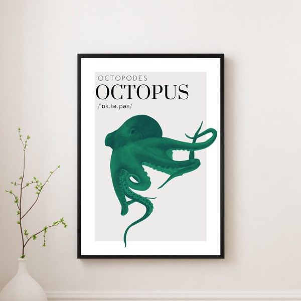 Emerald Green Octopus Art, Nautical Coastal, Octopus Prints, Seaside Beach Decor, Octopus Sea Creature Prints, Vintage Ocean Art, Digital