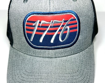 1776 Faux Patch - USA America - Heather Gray / Black High Quality Trucker Hat / Ball Cap