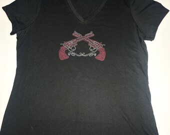 Pink Two Guns - Women's Bling Rhinestone Black V-Neck Shirt