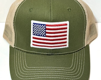 USA American Flag - Olive/Tan High Quality Hat / Ball Cap