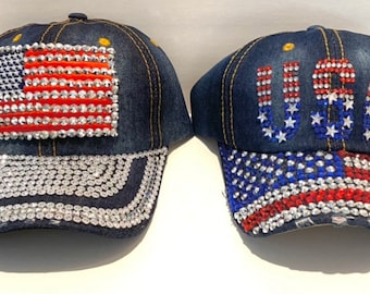 USA Patriotic Denim Rhinestone Rivet Bling / Sparkle Hat