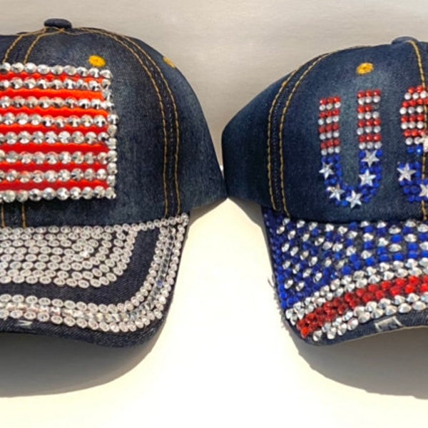 USA Patriotic Denim Rhinestone Rivet Bling / Sparkle Hat