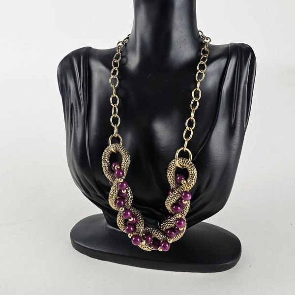 Vintage Daisy Fuentes Statement Gold Tone Mesh Purple Beads Necklace Jewelry Vintage 80's