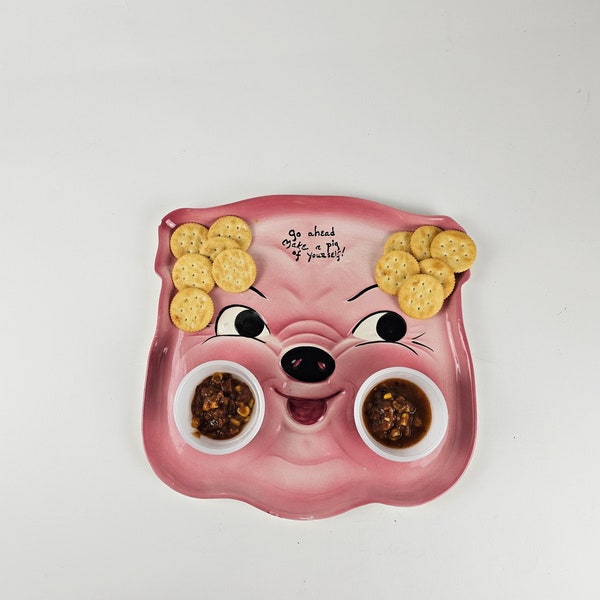 Vintage 50s 1956 DeForest of California Plate Go Ahead Make a Pig of Yourself Serving Party Hosting Platter Happy Pink Pig