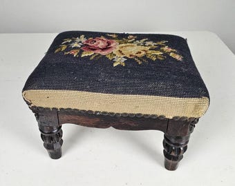 Vintage Needlepoint Footstool Carved Dark Wood Floral Petit Point Vanity Stool