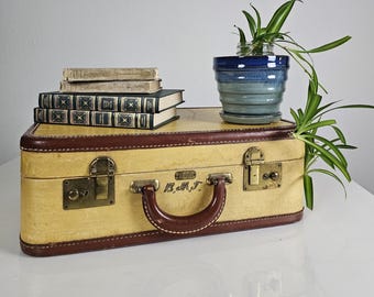 Vintage Tweed Suitcase Leather Trim Monogram Mid Century Travel Case Decor Prop