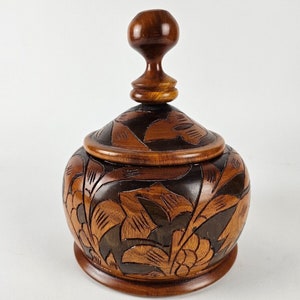 Vintage Carved Wood Jar with Lid | Brown Round Container | Boho Storage for Jewelry, Spices, or Trinkets | Rustic Home Decor