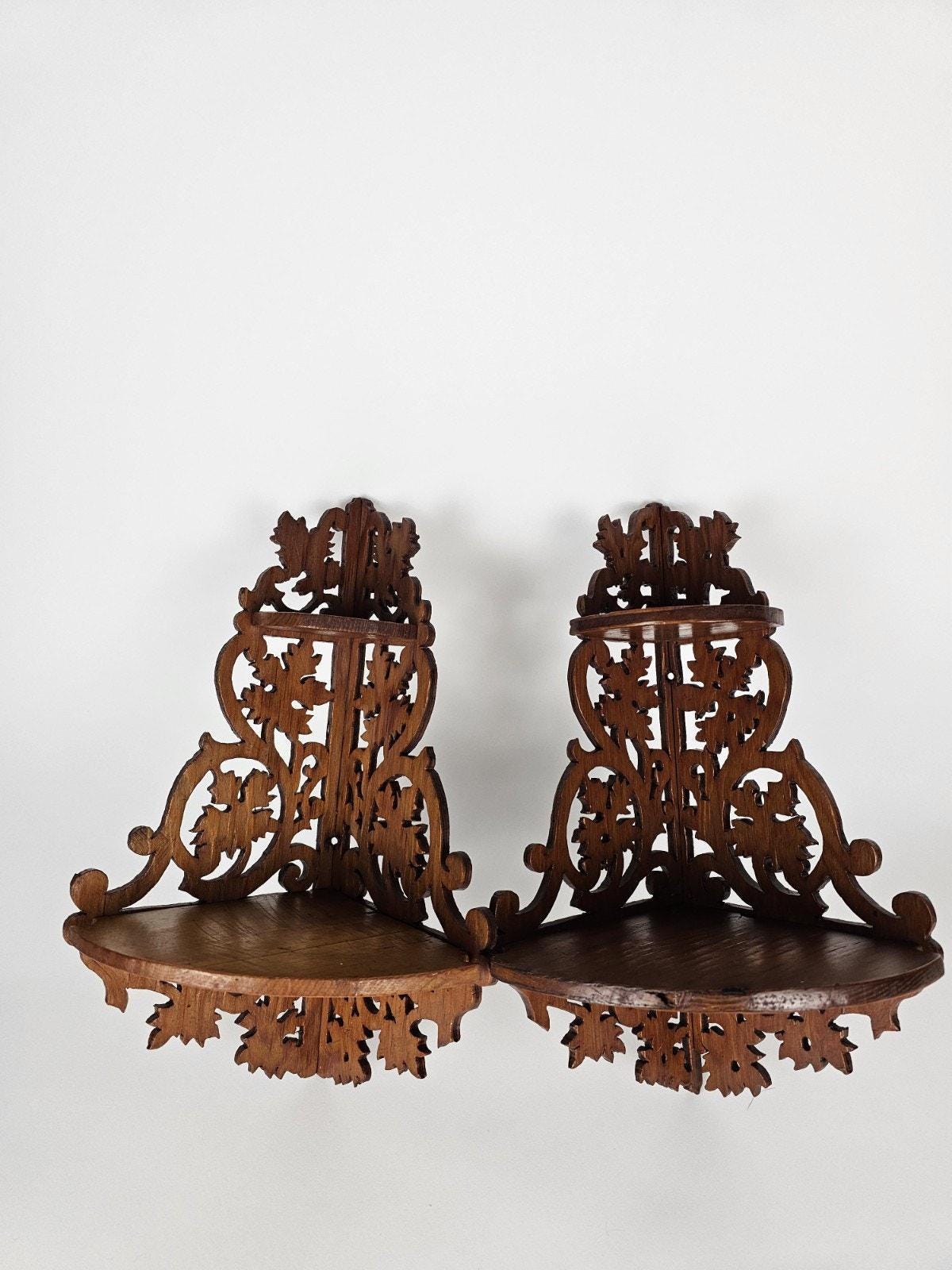 Vintage Ornate Wood Fretwork Corner Wall Shelves Pair Hand-carved ...