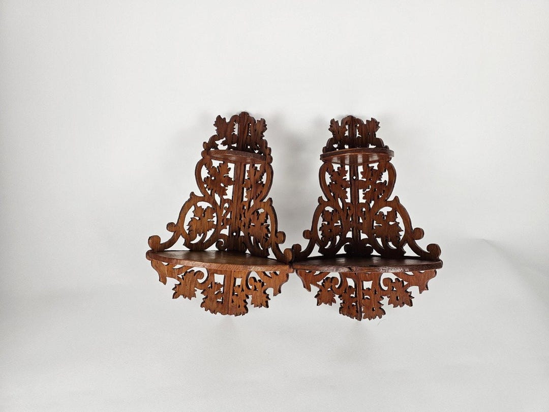 Vintage Ornate Wood Fretwork Corner Wall Shelves Pair Hand-carved ...