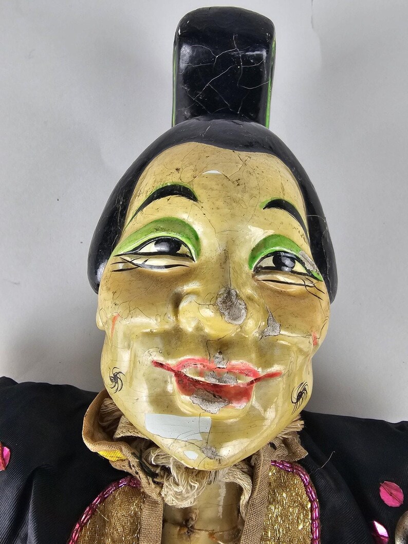 Vintage Asian Puppet Figure | Hand Carved Wood Head With Embroidered ...