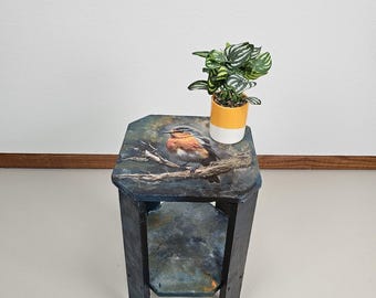Handcrafted Mixed Media Robin Bird Accent Table Plant Stand Woodland Cottage Art
