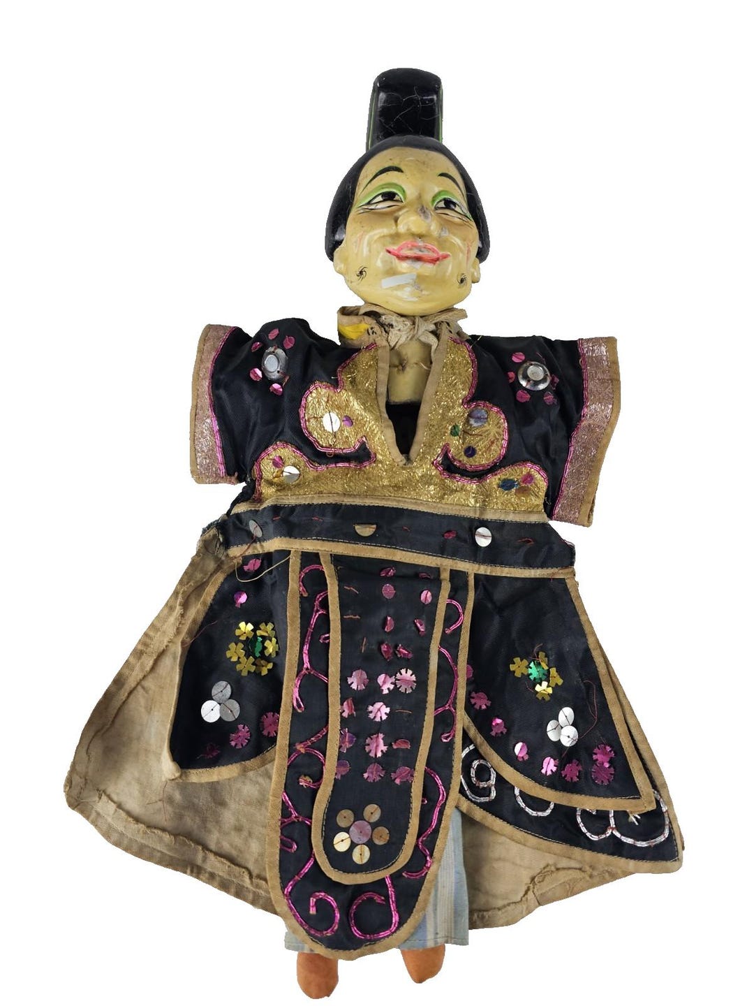 Vintage Asian Puppet Figure | Hand Carved Wood Head With Embroidered ...
