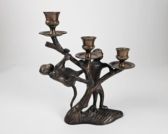 Antique Bronze MONKEY Figure Candelabra Triple CANDLE HOLDER Old Rare Chinoiserie style Fireplace Mantel Decor Unique Quirky Weird Stuff