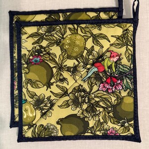 Pair of Quilted Pot Holders, Fairies and Roses, Olive Green, Set of 2