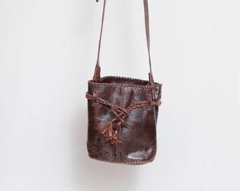 Vintage 1970's Brown Leather Drawstring Bucket Bag