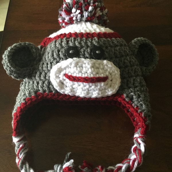 Sock Monkey Hat.  With or without braids.  Size Newborn to Toddler.