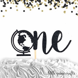 1 pc one world globe DOUBLE SIDED Glitter cake topper for first 1st birthday cake smash prop time traveller wanderlust explorer adventurer image 2