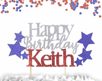 1 pc Happy Birthday custom ANY name star patriotic red and blue glitter cake topper party boy girl 4th of July