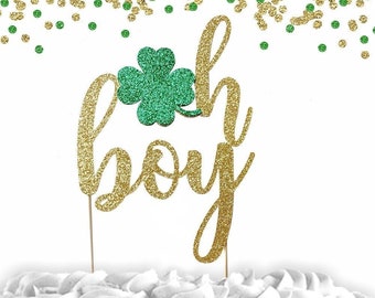1 pc oh boy Shamrock St Patrick Theme Green Gold Glitter Cake Topper for Baby shower boy