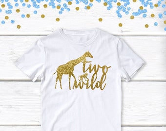 1 pc two wild safari jungle 100% COTTON short sleeve t-shirt for second birthday toddler spring summer gold glitter giraffe monkey animals