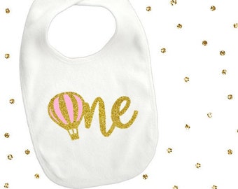 1 pc one hot air balloon baby bib for first birthday cake smash prop toddler boy girl up up and away theme pink and gold glitter