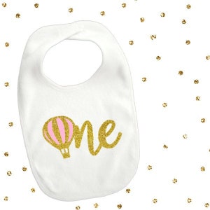 1 pc one hot air balloon baby bib for first birthday cake smash prop toddler boy girl up up and away theme pink and gold glitter image 1