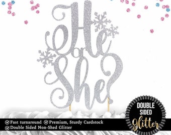 1 pc He or She ? gender reveal baby shower winter wonderland DOUBLE SIDED silver gold glitter cake topper baby little snowflake party decor
