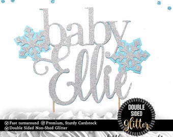 1 pc custom personalize baby name Snowflakes pink blue DOUBLE SIDED silver gold glitter cake topper baby shower boy girl winter wonderland