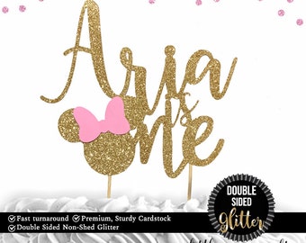 1 pc custom personalise ANY name personalised is one Minnie pink DOUBLE SIDED gold glitter cake topper girl cake smash first birthday