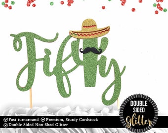 1 pc zwanzig dreißig vierzig vierzig sechzigsiebzig siebzig Schnurrbart Sombrero Kaktus Kakteen Kuchen Topper DOUBLE SIDED grün Glitzer Fiesta mexikanischen Geburtstag
