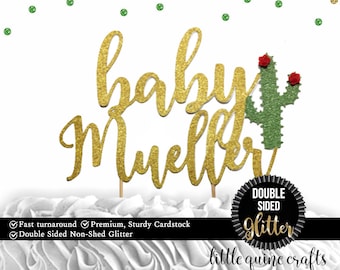 1 pc custom personalize ANY baby name Fiesta flower cactus DOUBLE SIDED gold green glitter cake topper baby shower boy girl spring summer